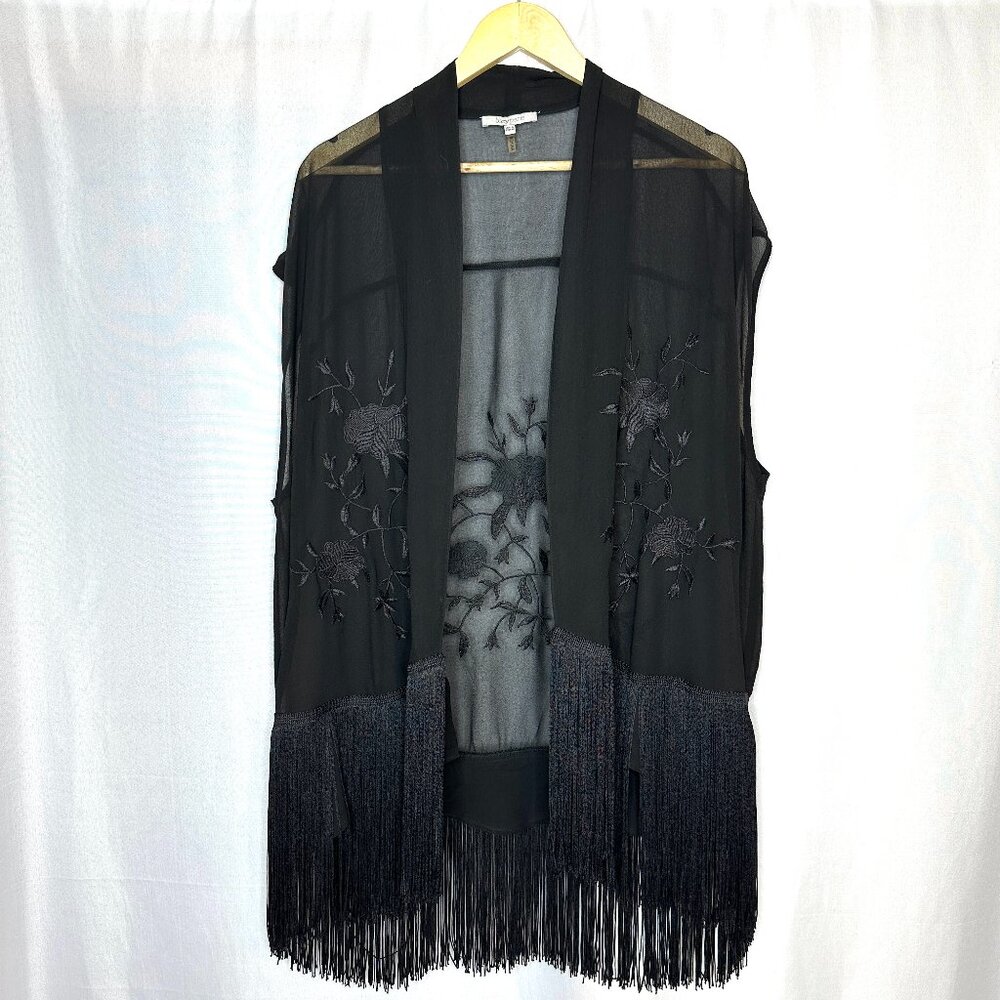 Lucy Paris Dark Fairy‎ Boho Open Cardigan Fringe, Medium. Embroidered floral